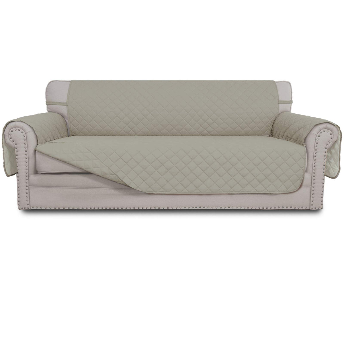 Easy-Going beige couch cover protects sofa from spills and pet messes.