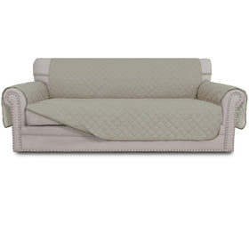 Easy-Going beige couch cover protects sofa from spills and pet messes.