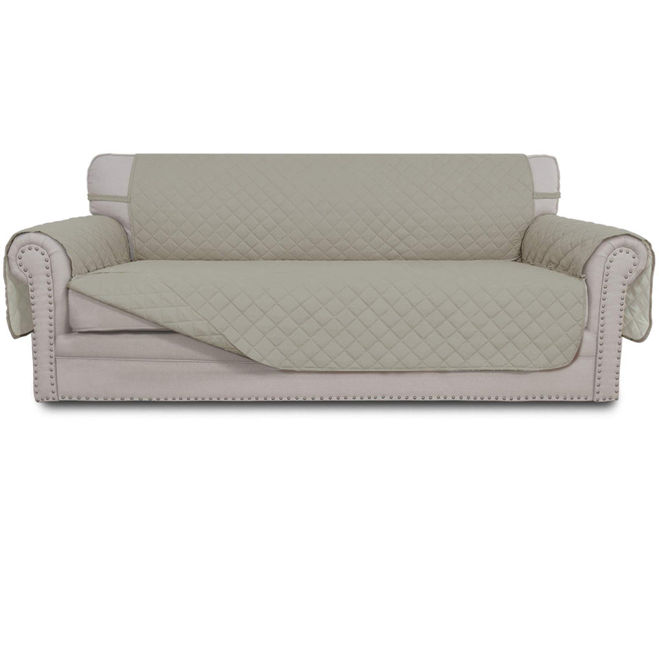 Easy-Going beige couch cover protects sofa from spills and pet messes.
