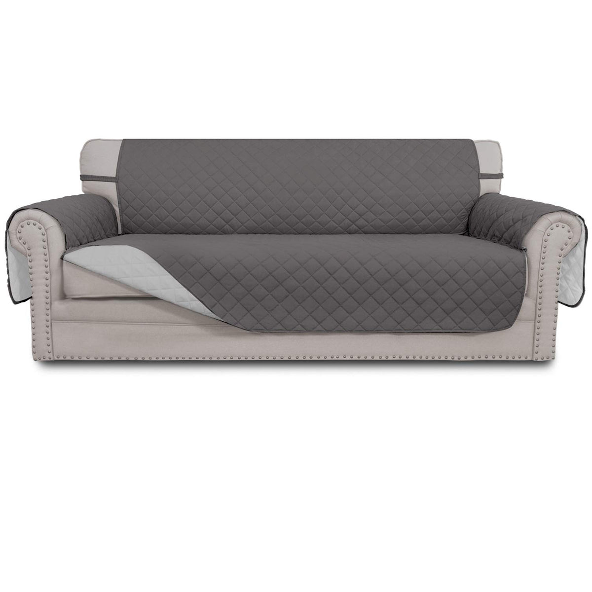 Easy-Going reversible couch cover in gray protects furniture from pets and spills.