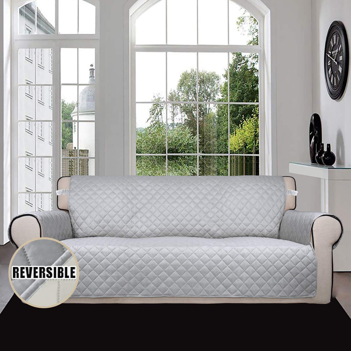 Easy-Going reversible couch cover side view demonstrating secure fit for busy living rooms.