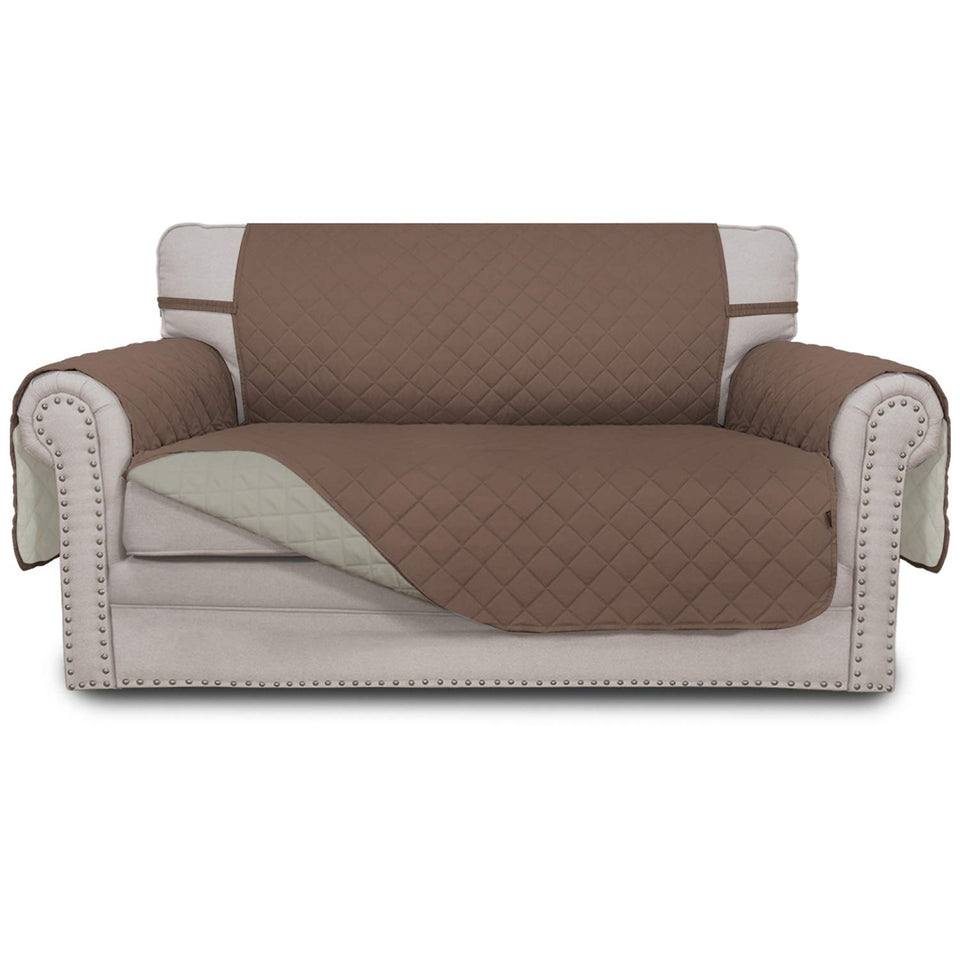 Easy-Going reversible loveseat cover in brown and beige protects upholstery with style