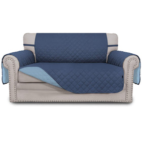 Easy-Going reversible loveseat cover in dark blue protects upholstery with two-color design.