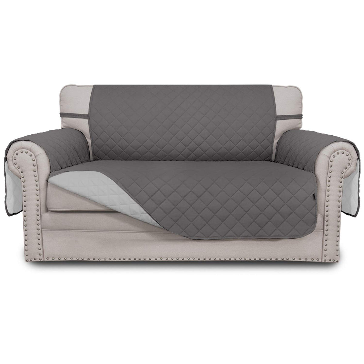Easy-Going reversible loveseat cover in gray protects your sofa with a soft quilted texture.