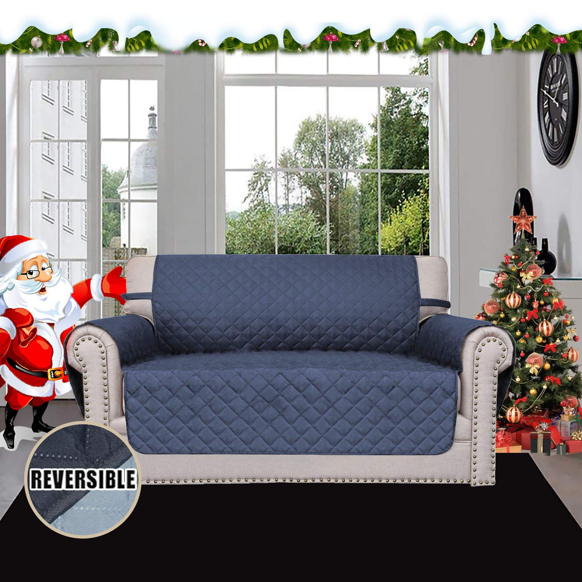 Easy-Going reversible loveseat cover in light blue shows dual color option for style and protection.