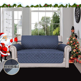 Easy-Going reversible loveseat cover in light blue shows dual color option for style and protection.