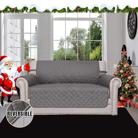 Easy-Going reversible loveseat cover in light gray offers versatile two-tone styling.