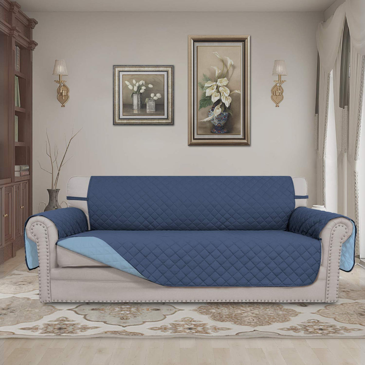 Easy-Going reversible couch cover in light blue offers versatile two-color styling.