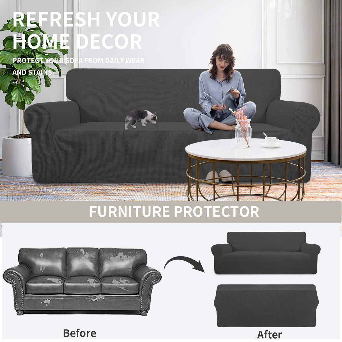 Easy-Going slipcover highlights protection from spills and stains on furniture.