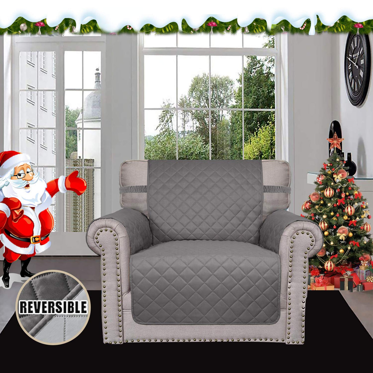 Easy-Going slipcover in gray fabric protects against spills and stains
