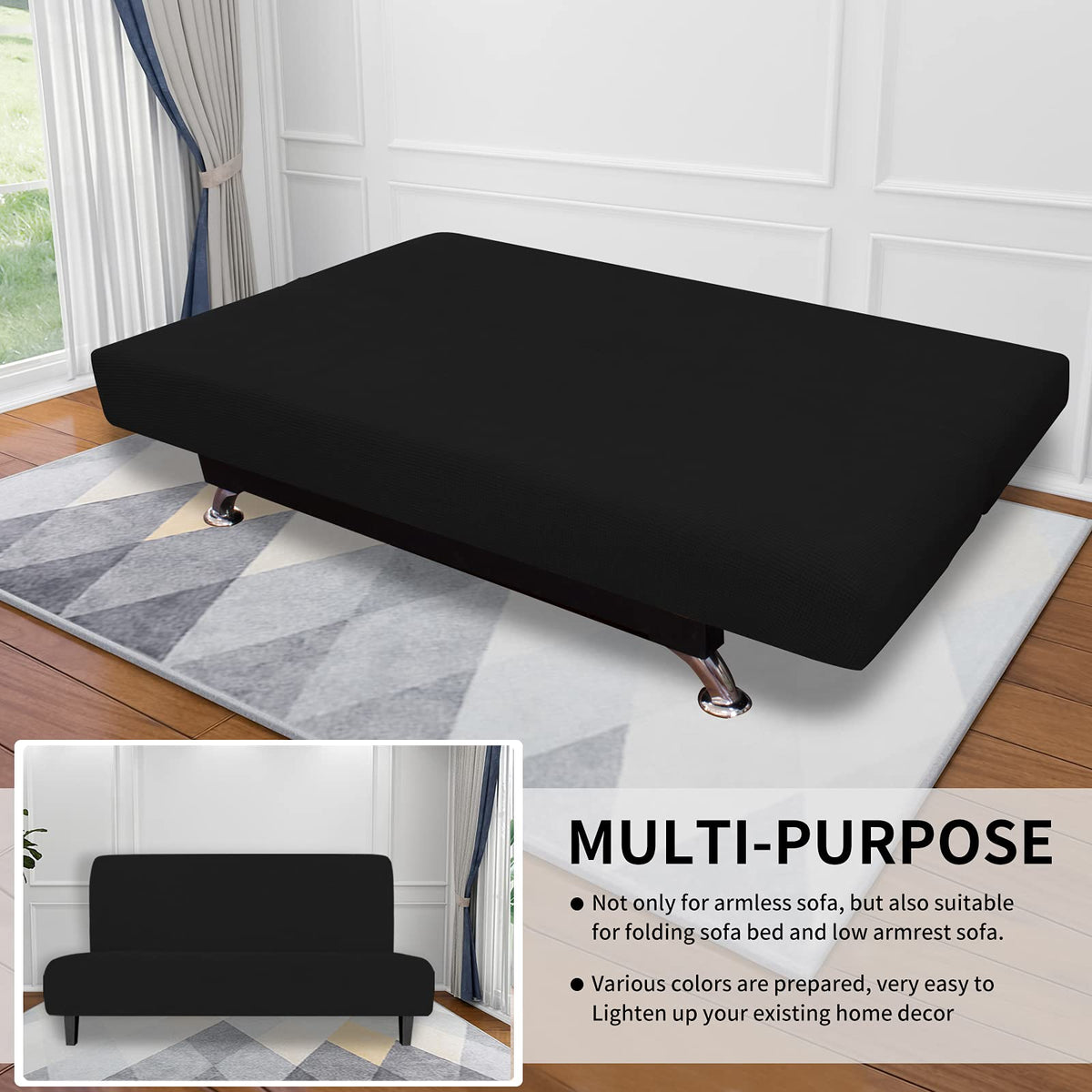 Easy-Going stretch futon slipcover illustration of quick install by one person