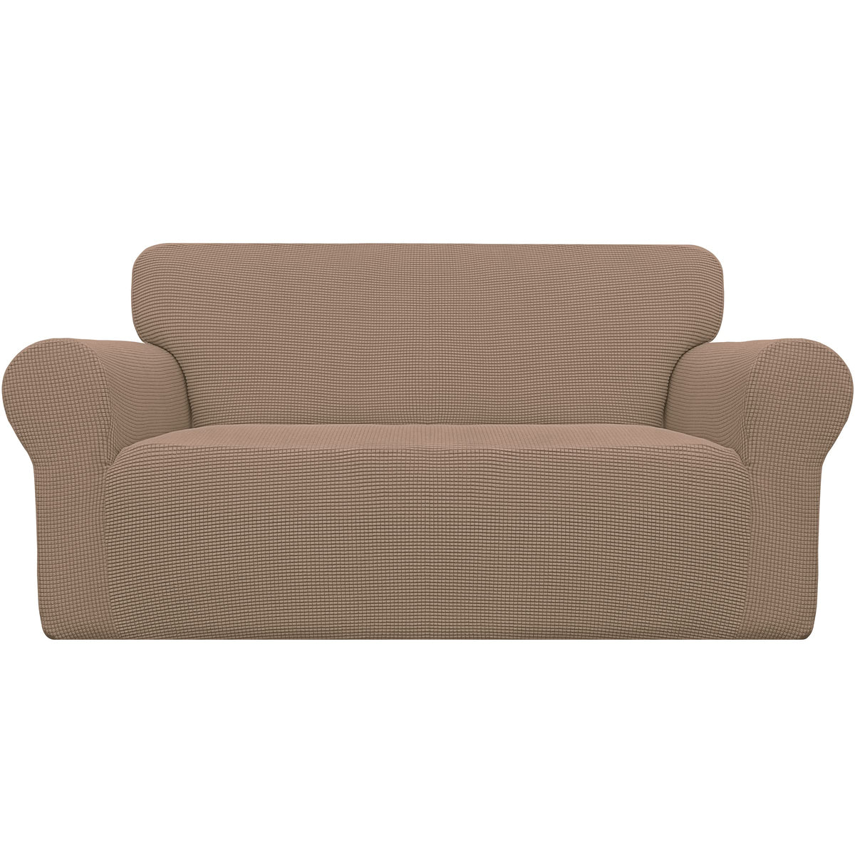 Easy-Going stretch loveseat slipcover in camel offers a snug fit and protection.