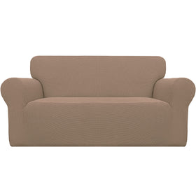 Easy-Going stretch loveseat slipcover in camel offers a snug fit and protection.
