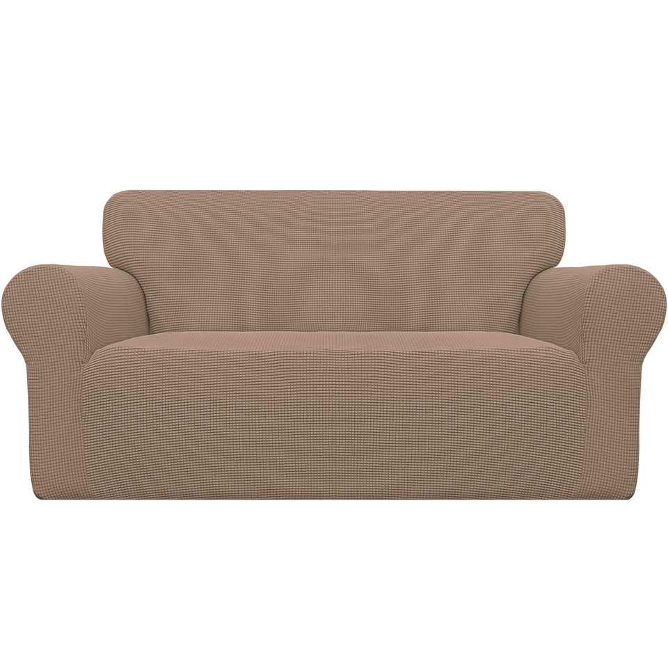 Easy-Going stretch loveseat slipcover in camel offers a snug fit and protection.