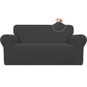 Easy-Going stretch loveseat slipcover in dark gray fabric closeup highlights soft jacquard texture