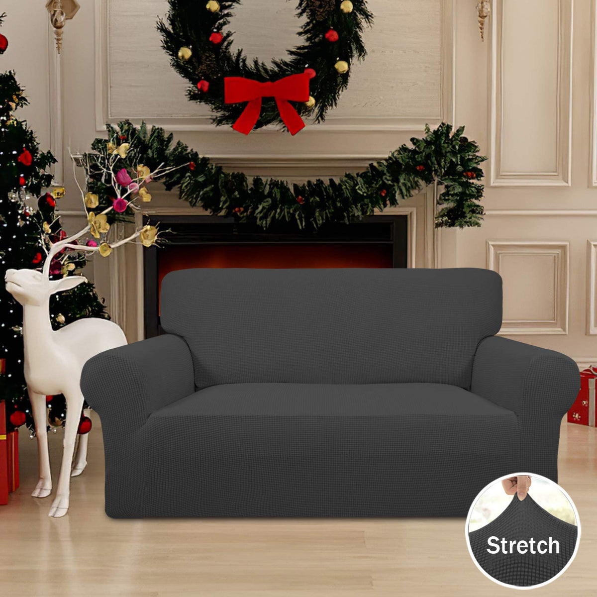 Easy-Going slipcover with elastic bottom anchors showing secure fit for loveseat