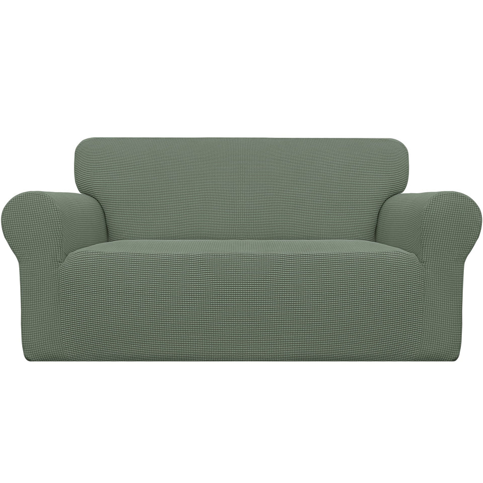 Easy-Going stretch loveseat slipcover with elastic bottom showing a secure fit on a sofa