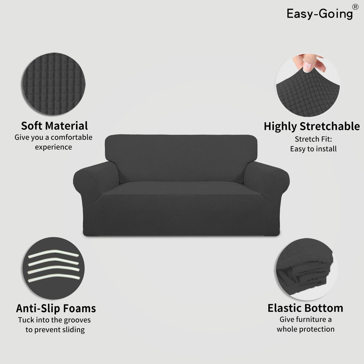 Easy-Going slipcover fit guide illustration demonstrates quick one-person setup