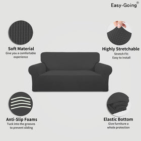 Easy-Going slipcover fit guide illustration demonstrates quick one-person setup