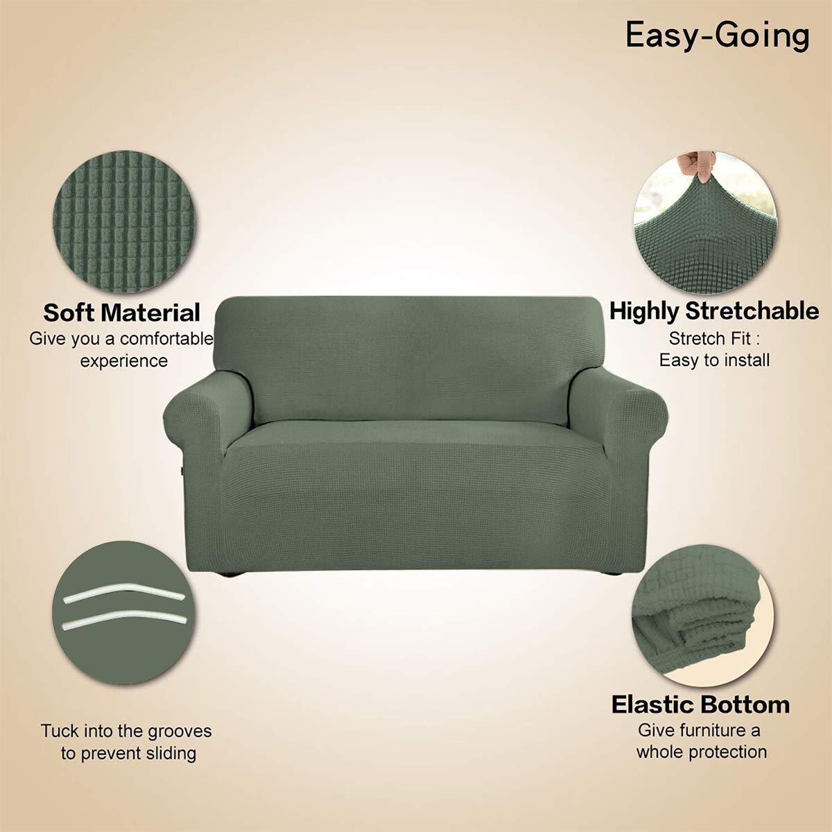 Easy-Going loveseat slipcover in greyish green shade complements living room