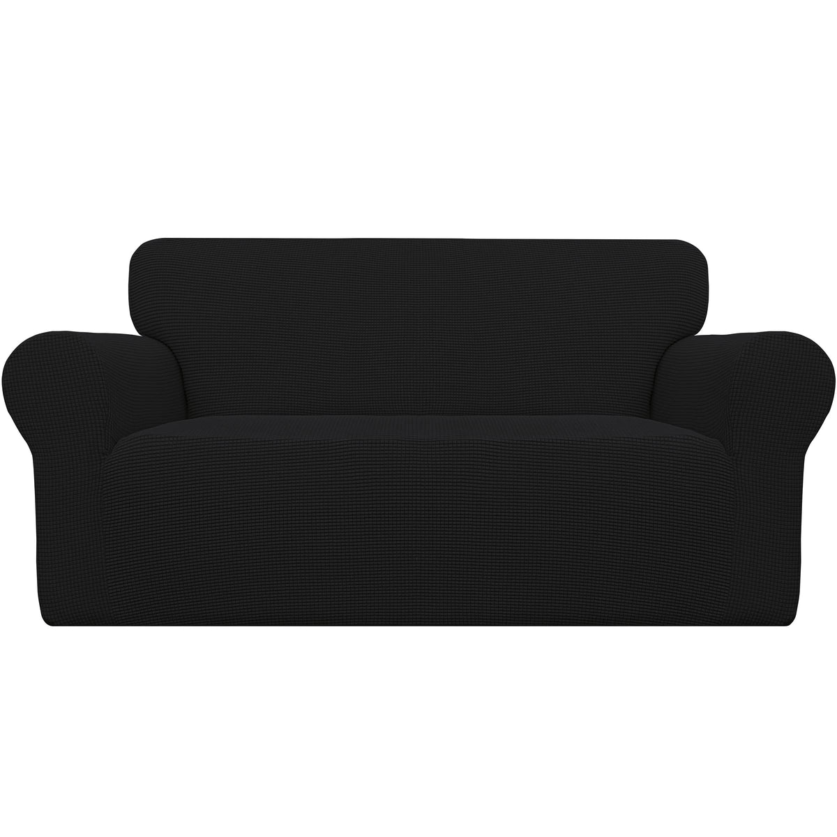 Easy-Going stretch loveseat slipcover in black highlights soft jacquard fabric for family use.