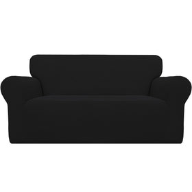 Easy-Going stretch loveseat slipcover in black highlights soft jacquard fabric for family use.