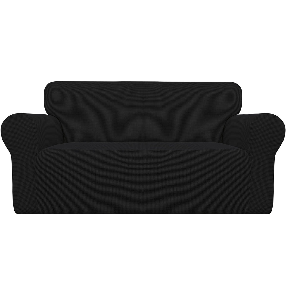 Easy-Going stretch loveseat slipcover in black highlights soft jacquard fabric for family use.