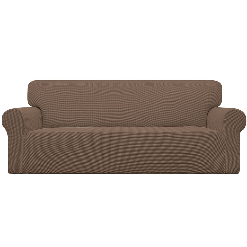 Easy-Going stretch sofa slipcover in brown jacquard fabric protects while adding subtle texture.