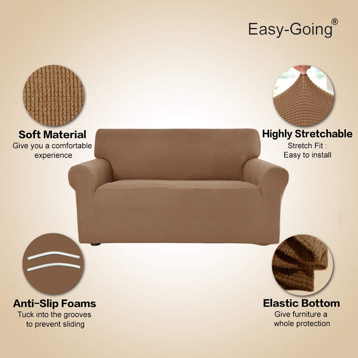 Easy-Going camel slipcover close-up highlights jacquard texture and soft feel