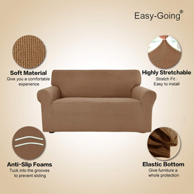 Easy-Going camel slipcover close-up highlights jacquard texture and soft feel