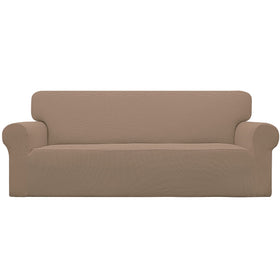 Easy-Going stretch sofa slipcover in camel front view with snug fit and protection