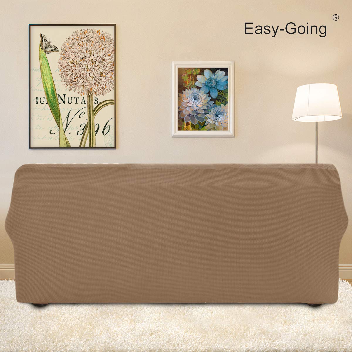 Easy-Going camel slipcover with non-slip anchors stays in place