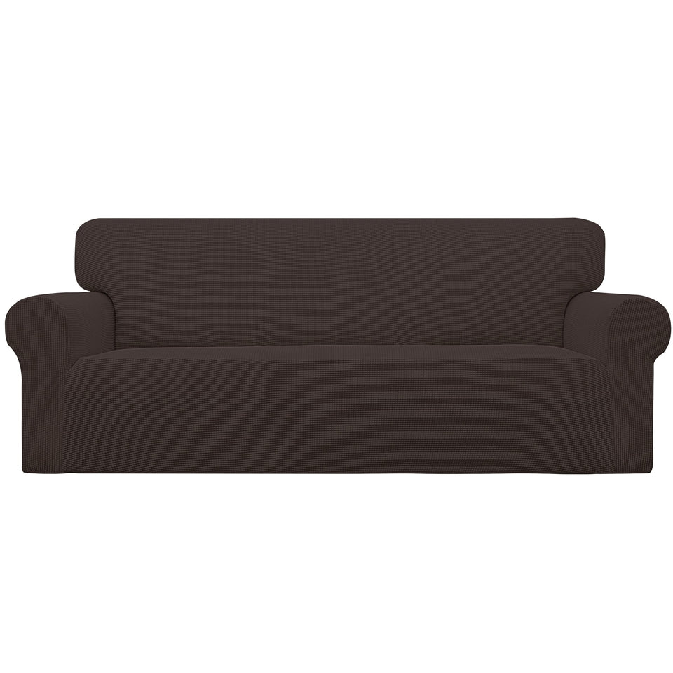 Easy-Going stretch sofa slipcover in chocolate fabric with textured jacquard for a snug fit.