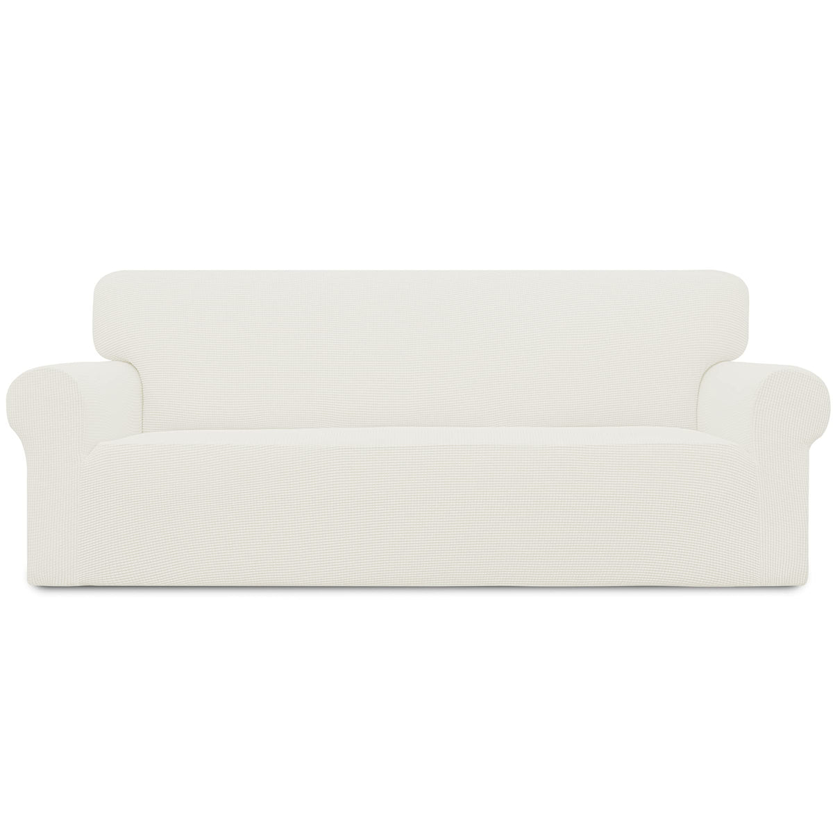 Easy-Going cream stretch slipcover on an oversized sofa enhances protection and comfort.