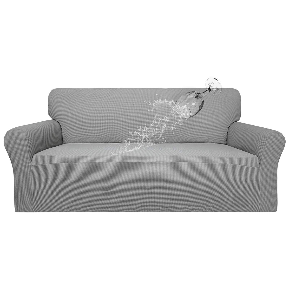 Easy-Going waterproof sofa cover top fabric protection shields against spills on a light gray sofa.