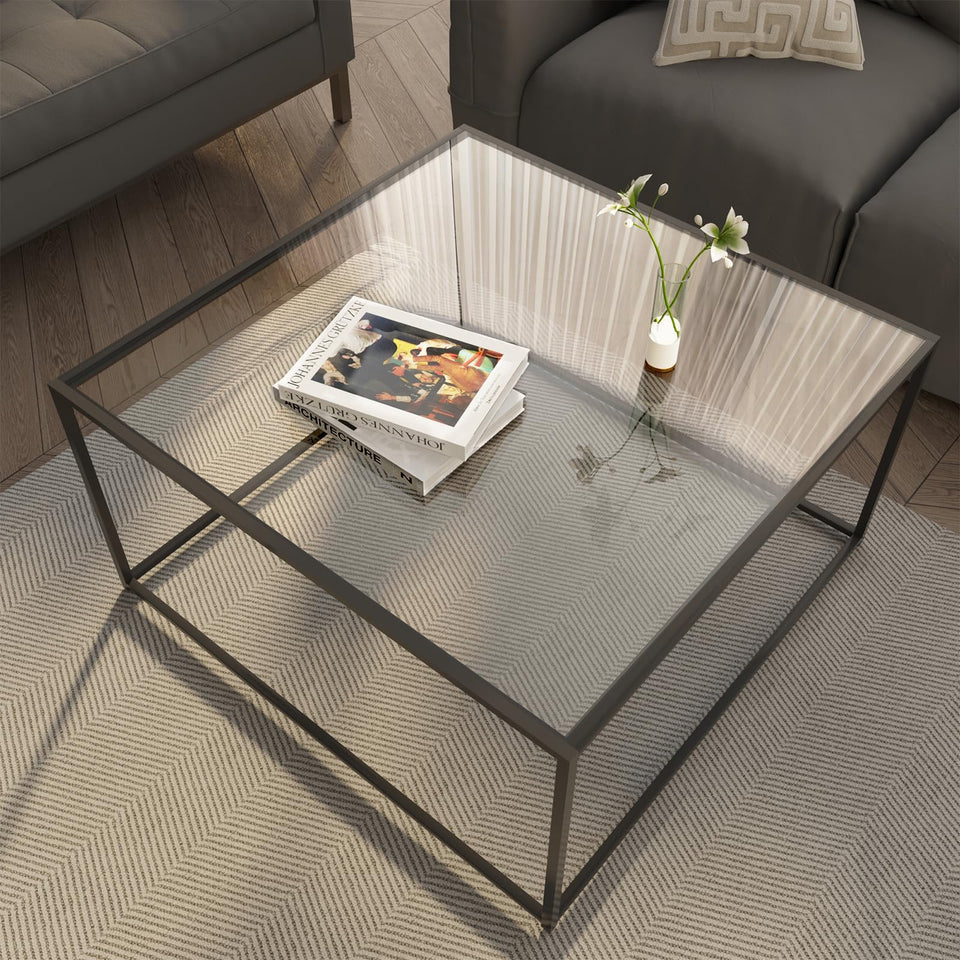 Easy Paws glass coffee table top view with tempered glass offers a durable, easy-clean surface.