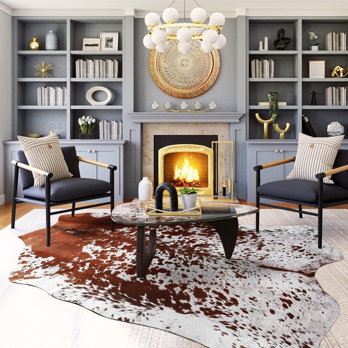 Easycozy cowhide rug demonstrates crease recovery for quick setup after unrolling.