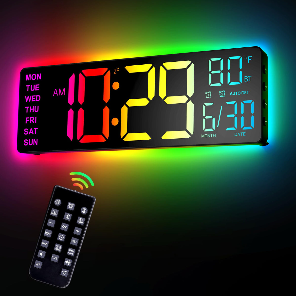EASYERA 12-inch digital wall clock front view with vivid LED display enhances room decor.