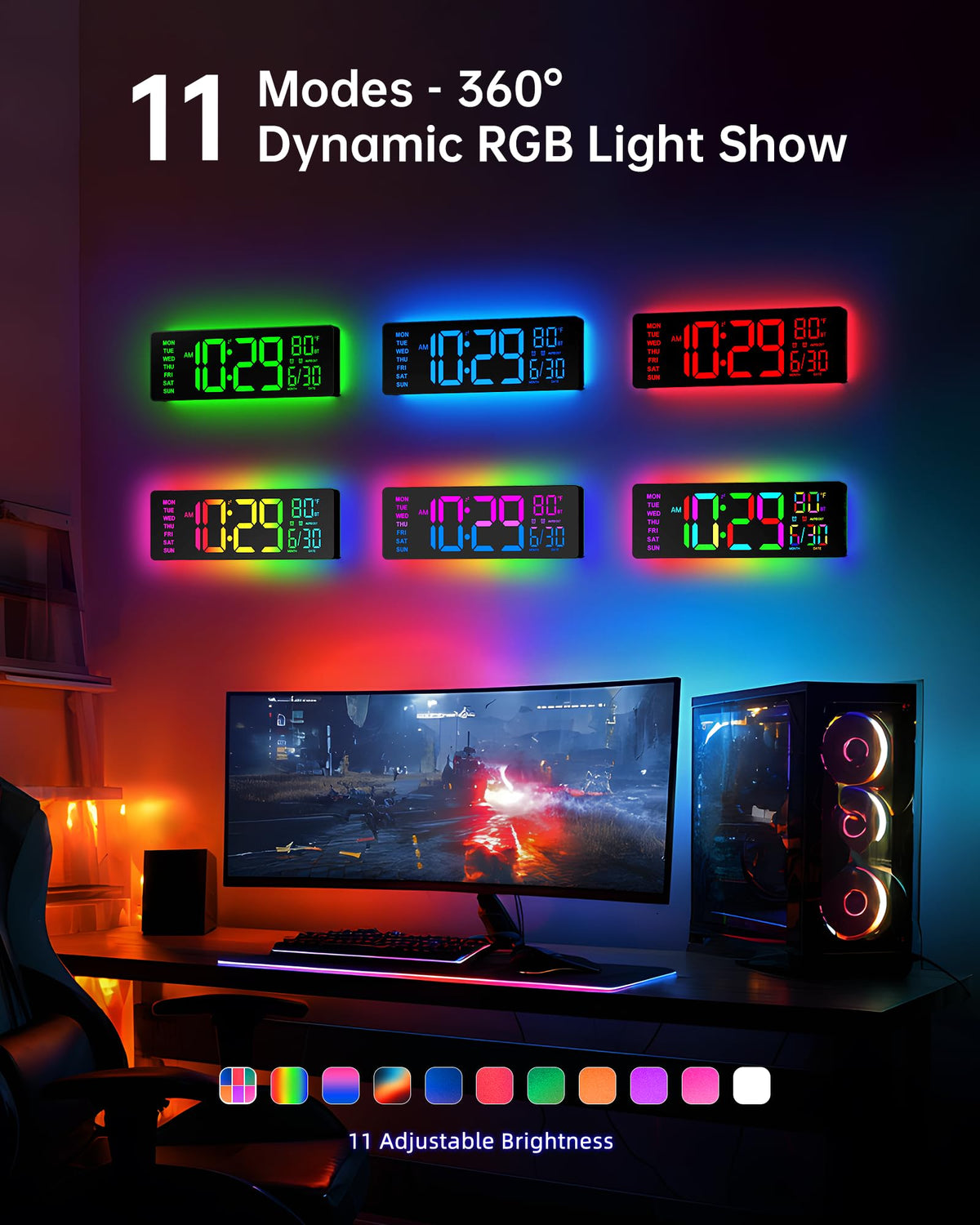 EASYERA 12-inch digital wall clock RGB lights set mood and style in spaces.