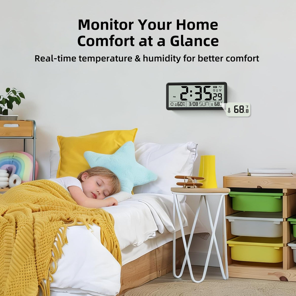EasyERA 15'' clock displaying indoor temperature and humidity in real time