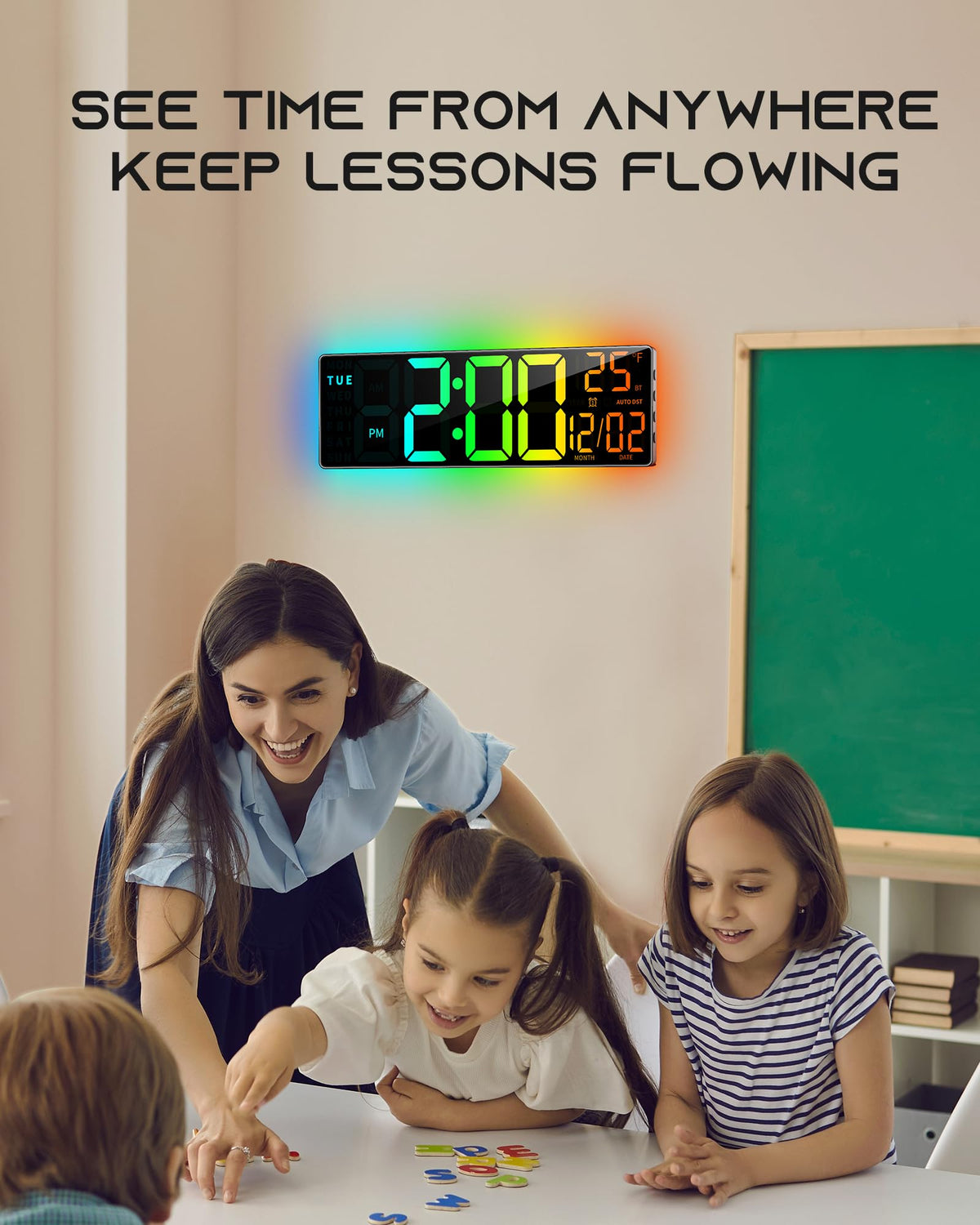 EasyERA clock powered by included 5V/2A adapter with memory battery