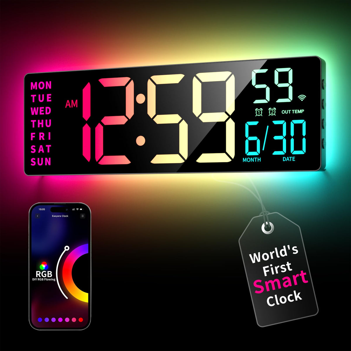 EasyEra smart digital wall clock front view with vivid RGBIC lighting for clear time at a glance.