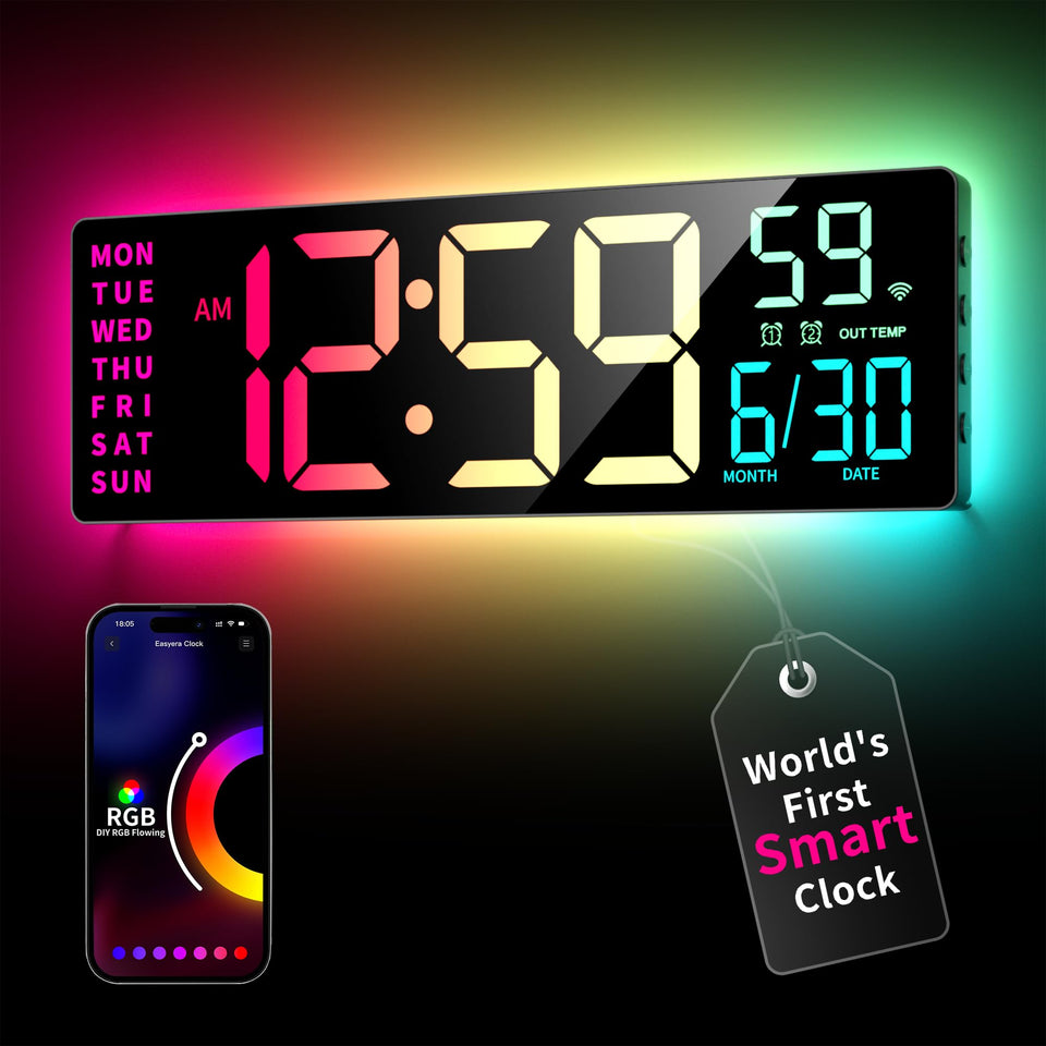 EasyEra smart digital wall clock front view with vivid RGBIC lighting for clear time at a glance.