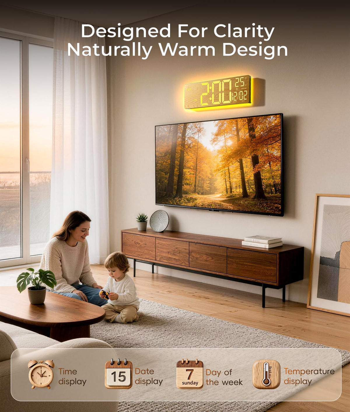 EasyERA clock with warm wood grain finish enhances your space's ambiance.