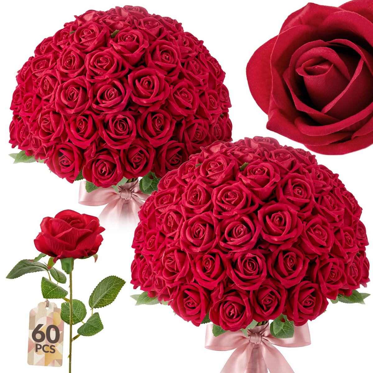 Eccelso 60pcs real-touch roses with velvet petals for pet-friendly home decor and events