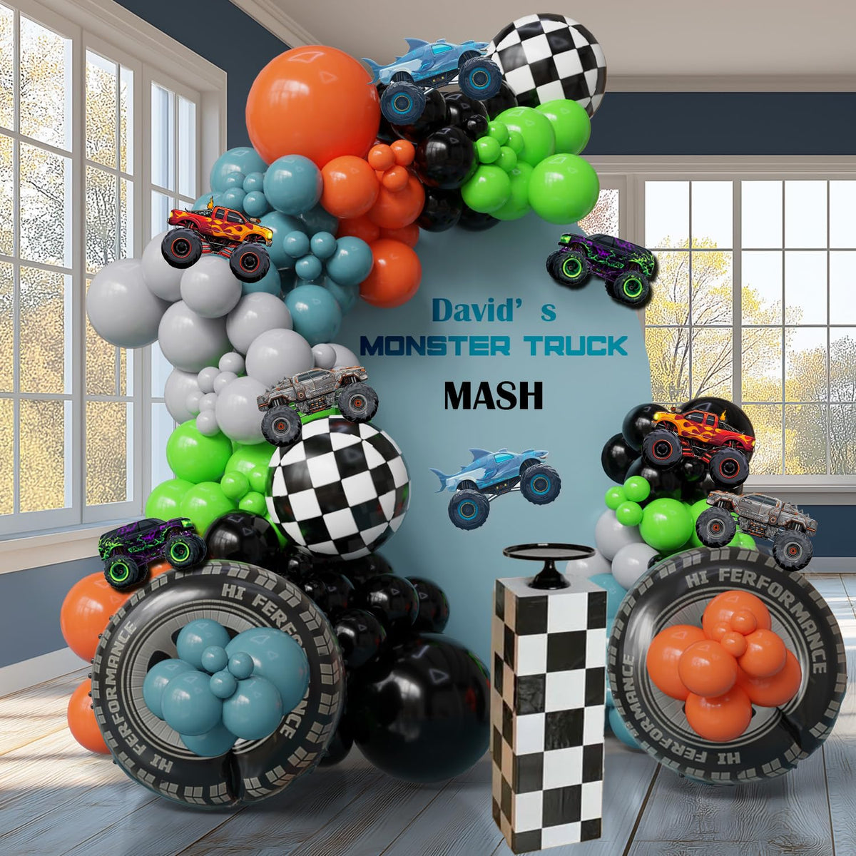 ECEAE monster truck balloon arch kit ready for party decor and easy setup.