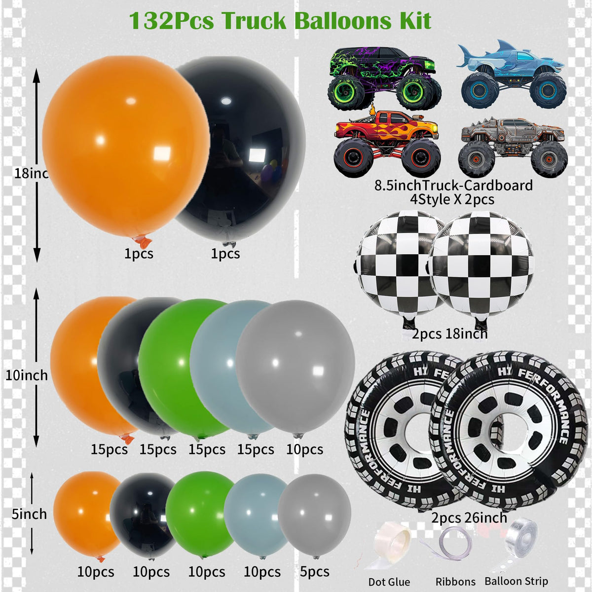 ECEAE monster truck checkered-foil balloons enhance race-themed photo moments.