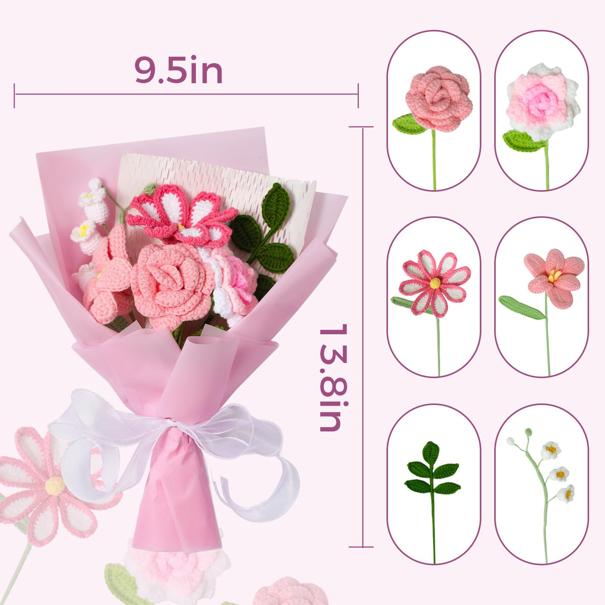 Ecerangus crochet flower bouquet handmade leaves provide natural texture