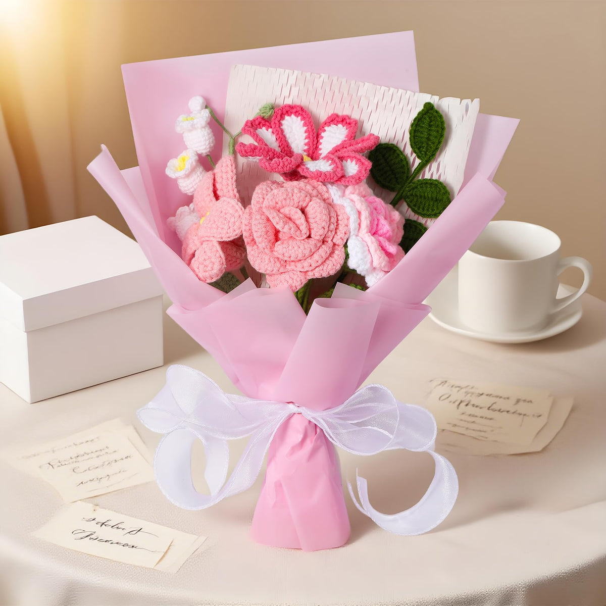 Ecerangus crochet flower bouquet lily of the valley detail adds delicate charm