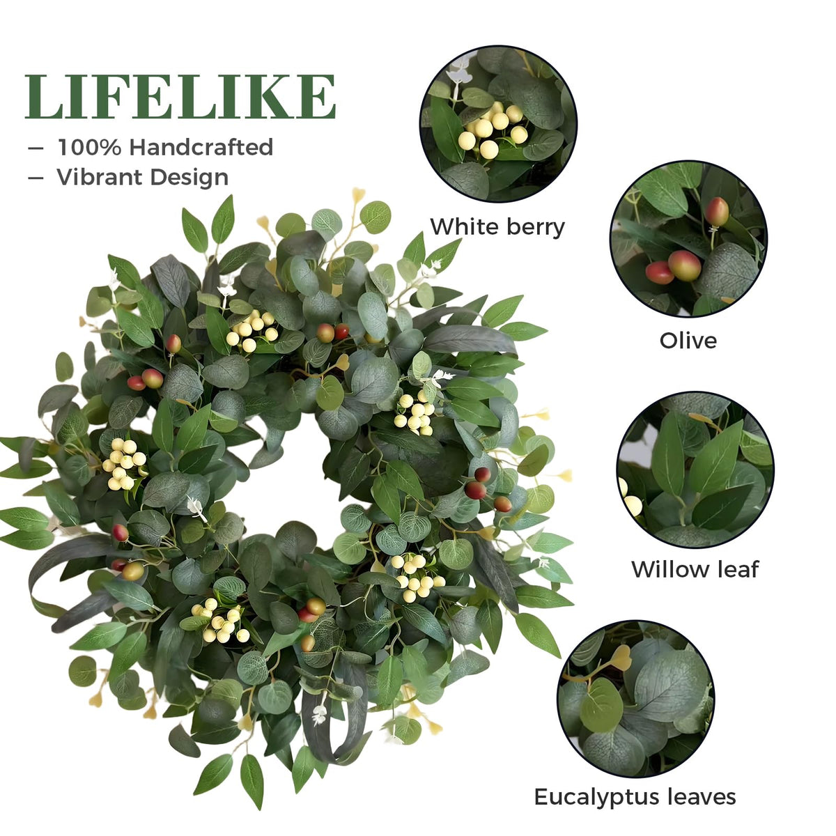 Ecerangus eucalyptus wreath uses silk leaves for a realistic look.